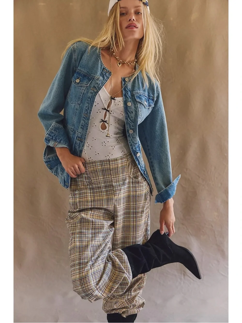 Free People Grunge 90s Bohemian Nice Choice Plaid Pull On Barrel Pants Large NWT